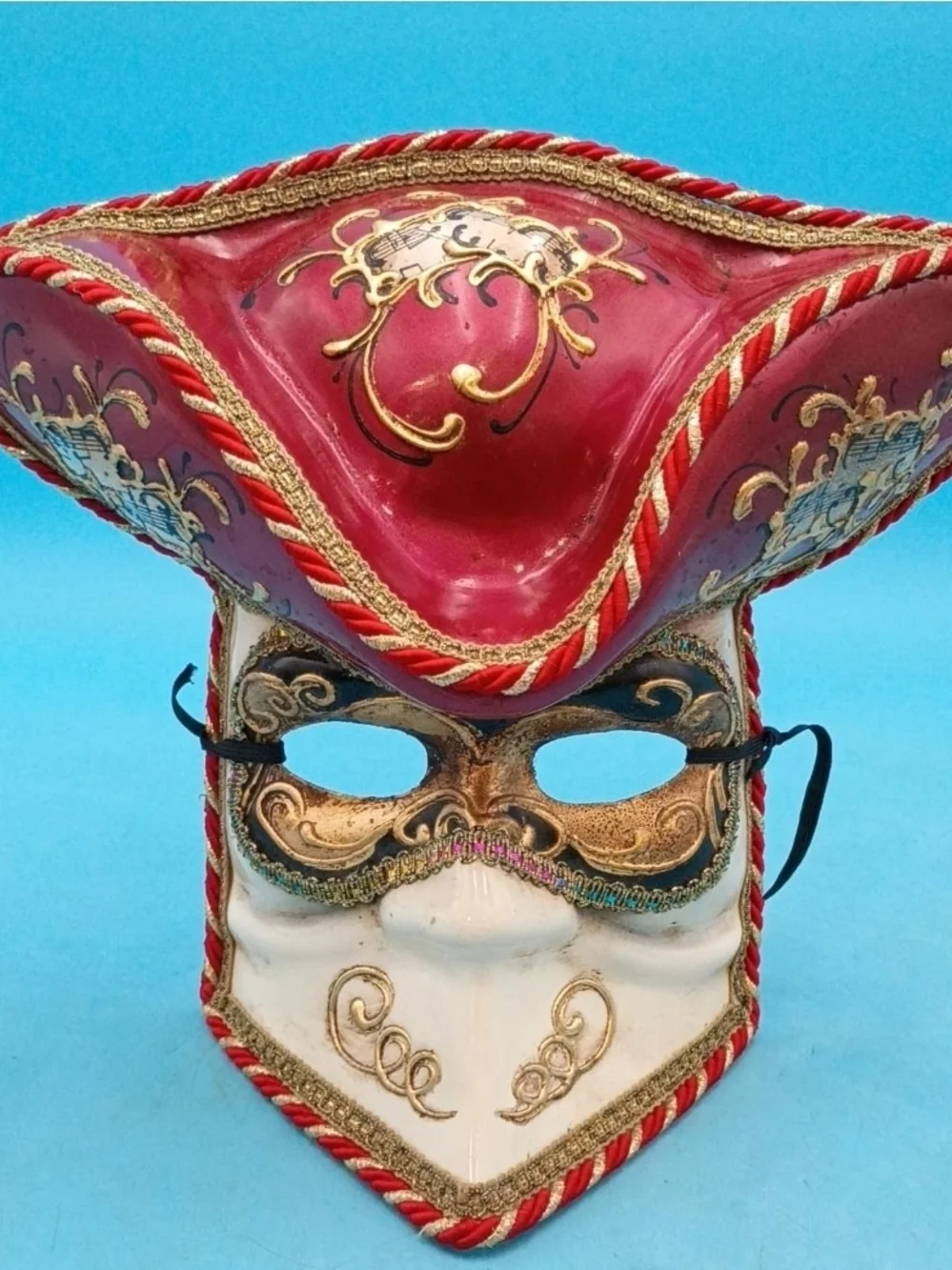 Authentic Venetian Hand Painted Tricorn Pirate Mask Red Gold White Made in Italy